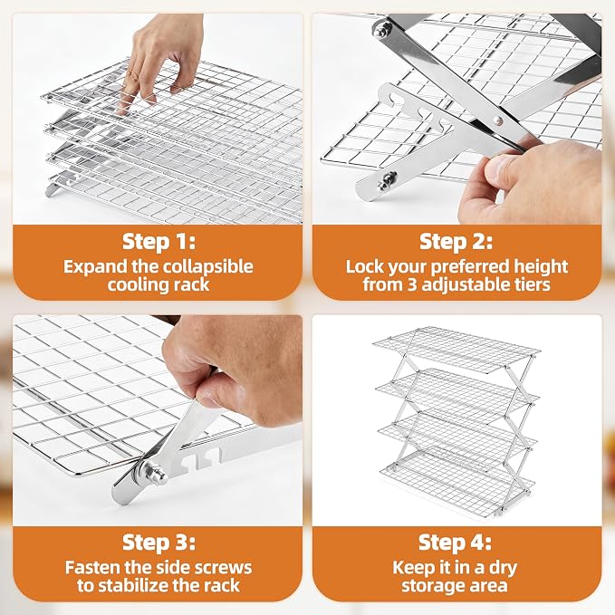 LIANYU 4 Tier Collapsible Cooling Rack, 3 Setting Design & Heavy-Duty | Cookie Cooling Rack for Baking and Cooking, Heavy Duty Wire, X-Shaped Structure, Easy Cleaning & Non-Stick, Kitchen Drying