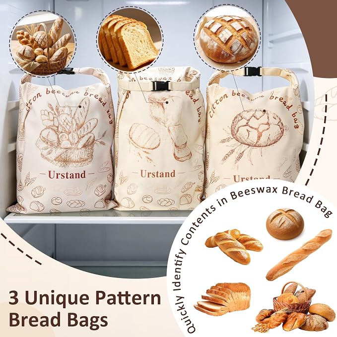 Beeswax Bread Bags for Homemade Bread, 3 Pack Large 16.9"x12.6" Reusable Natural Beeswax Lined Cotton Bags, Zipper and Lock Closure for Maximum Freshness, Zero Waste Kitchen Essential for Sourdough