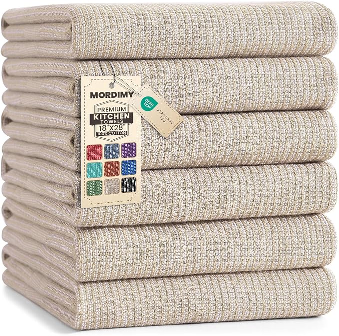 Mordimy Premium Large Cotton Kitchen Towels (18"x 28", 6 Pack), Khaki | 100% Ring Spun Cotton, Super Absorbent, 380 GSM, Flat & Terry, Soft, Hanging Loop Dish Towels