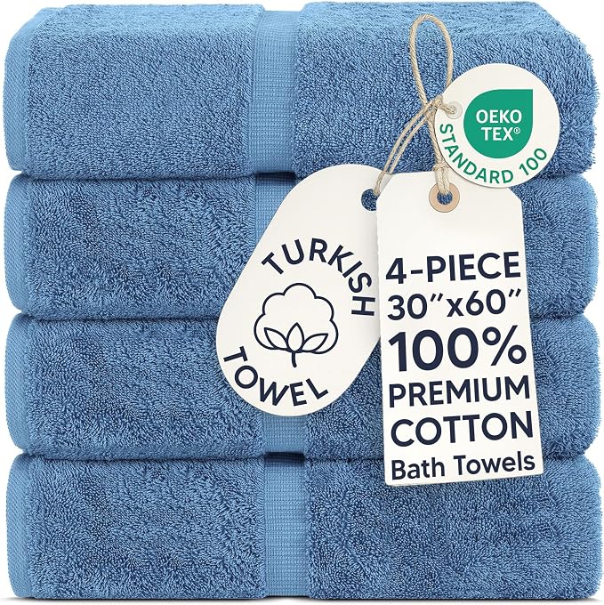 Chakir Turkish Linens 100% Cotton Premium Turkish Towels for Bathroom | 30'' x 60'' Large Bath Towels (4 Piece, Wedgewood) | 100% cotton bath towels, 2-pack 30x60 extra large, OEKO-TEX certified, soft plush and absorbent