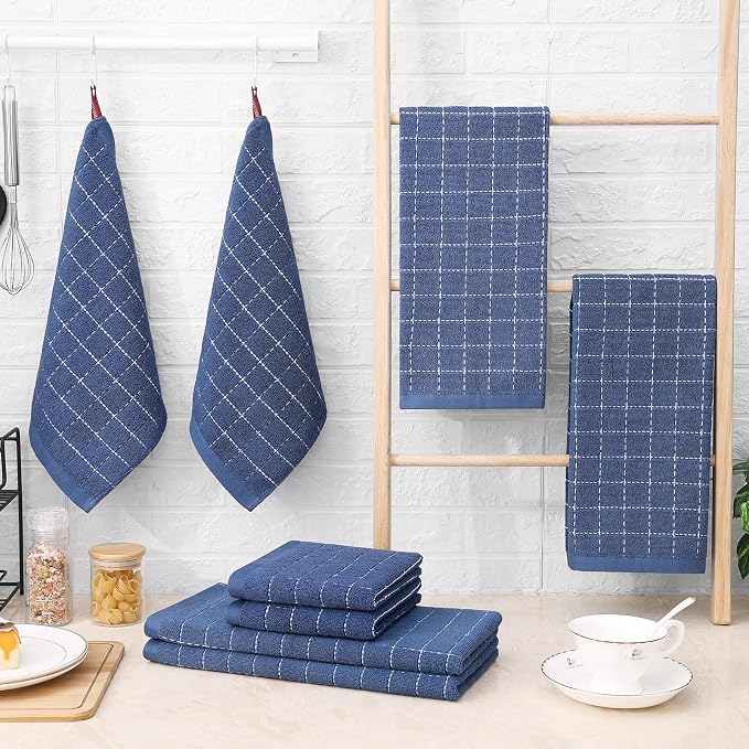 Homaxy Kitchen Towels and Dishcloths Set, Set of 12, Navy Blue | Bulk Cotton Terry Kitchen Towels, Checkered Designed, Soft and Super Absorbent Dish Towels, 12 x 12 and 13 x 28 Inches