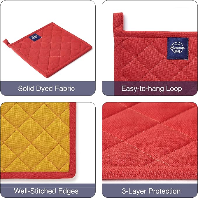 Encasa XO Pot Holders, Quilted Kitchen Hot Pads 8"x8" | Mango, 100% Cotton | Heat Resistant | Hanging Loop | Multipurpose Trivets | Machine Washable | Set of 2