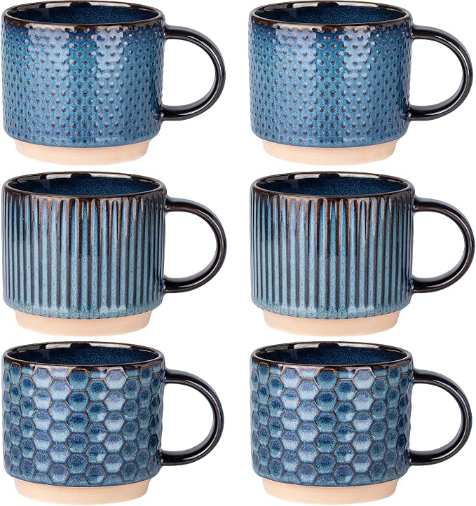 GBhome 12 OZ Stackable Coffee Mugs Set of 6, Ceramic Coffee Cups Set | 3 Assorted Designs, Embossed Mugs with Texture Patterns for Tea/Coffee, Dishwasher&Microwave Safe, Deep Sea
