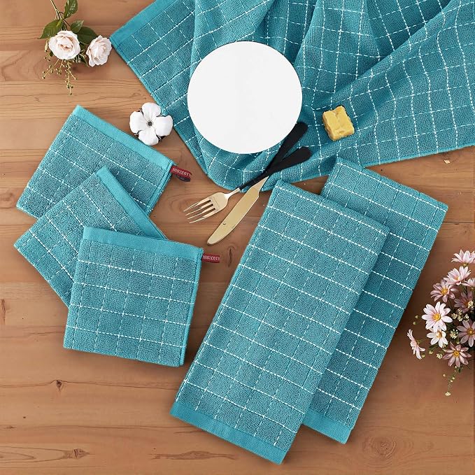 Homaxy Kitchen Towels and Dishcloths Set, Set of 16, Lake Blue | Bulk Cotton Terry Kitchen Towels, Checkered Designed, Soft and Super Absorbent Dish Towels, 12 x 12 and 13 x 28 Inches