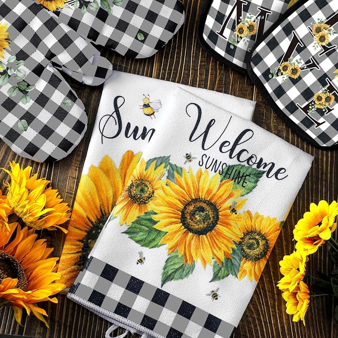 Bencailor 6 Pcs Sunflower Kitchen Decor Sunflower Kitchen Towels Black and White Plaid Pot Holders and Oven Mitts Sets 2 Farmhouse Cooking Mittens for Cooking Grilling Supply Accessories