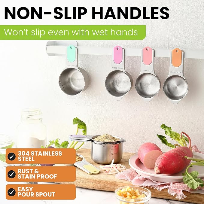 Spring Chef Magnetic Stainless Steel Measuring Cups Set of 7, Pastel | Patented Metal Measuring Cups for Measuring Dry or Liquid Ingredients, Easy to Read Markings, Dishwasher Safe Magnetic Cups
