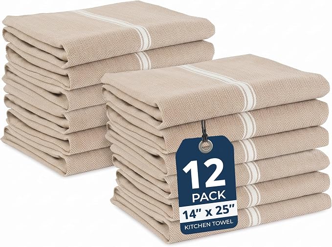 LANE LINEN Kitchen Towels Set - 100% Pure Cotton Dish Towels for Kitchen, Super Absorbent Kitchen Hand Towel, Tea Towels, Soft & Durable Dish Cloths, Pack of 12 – 14”x25”, Beige