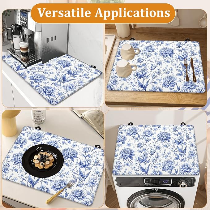 Blue Floral Glass Top Stove Cover Protector,Retro Spring Flowers Heat Resistant Stove Top Cover, Large Size Range Covers for Electric Stove Countertop Mat, 28 x 20 Inch