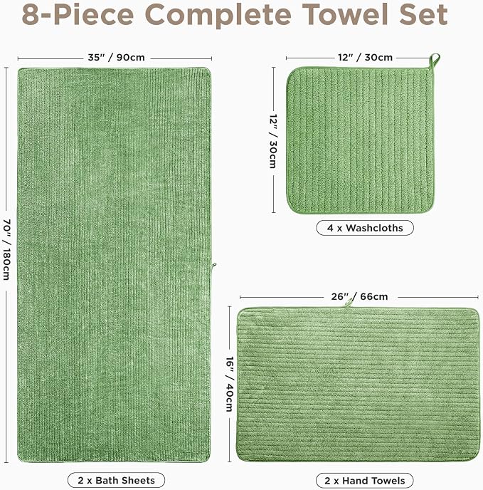 8 Piece Bath Towels Set, 2 Oversized 35 * 70 in Bath, 2 Hand, 4 Wash | Luxury Soft Microfiber, Super Absorbent Thick, Quick Dry, Shower Towels for Bathroom, Spa & Hotel, Sage Green