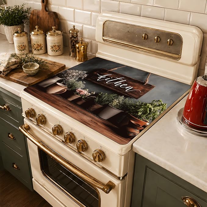 Rustic Farmhouse Kitchen Stove Top Cover 28.3 x 20.5 Inch, Herb Plant Glass Cooktop Protector Mat, Vintage Kitchen Sign Electric Range Cover for Counter Decor (Retro Brown)