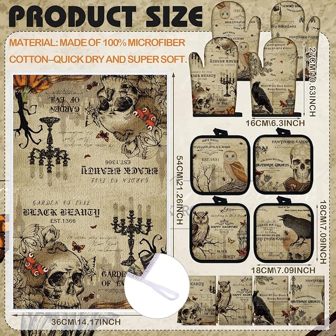 SiliFine 12 Pcs Halloween Gothic Kitchen Accessories Set Gothic Skull Oven Mitts Raven Pot Holders Owl Kitchen Towels for Halloween Home Decorations, Cooking Baking Gifts