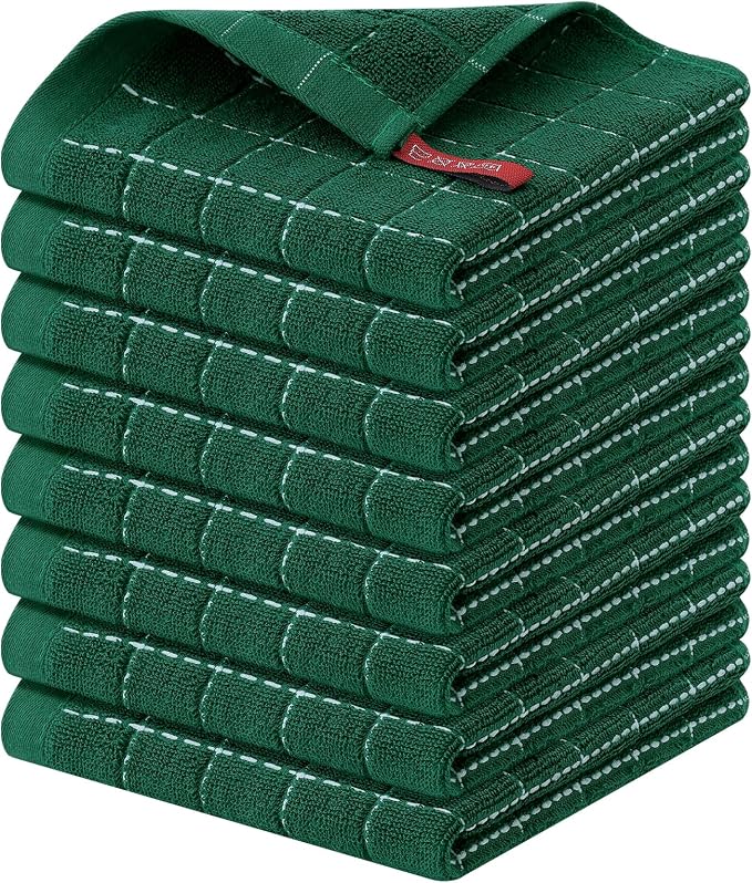 Homaxy 100% Cotton Terry Kitchen Dish Cloths, 8 Pack, Dark Green | Ultra Soft and Absorbent, Suitable for Drying and Washing Dishes