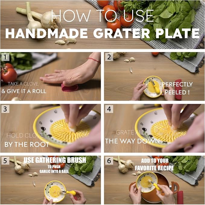 Ceramic Grater Plate Set – Handmade 4-Piece Press & Natural Grinder for Garlic, Ginger, Cheese & Spices – Decorative Hand Dish (Black/Orange)