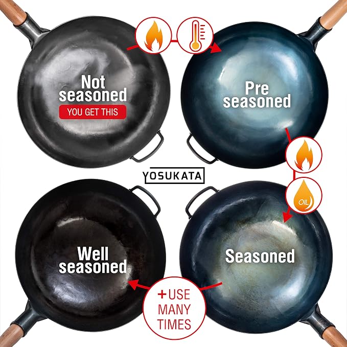 YOSUKATA 14” Round Bottom Carbon Steel Woks and Stir Fry Pans – Unseasoned Pow Wok for Stir Fry, BBQ & Camping – Hand-Hammered Traditional Japanese and Chinese Pan – Gas Stove, Open Fire Only | Suitable for Gas Stoves and Open Fires - Traditional Chine...