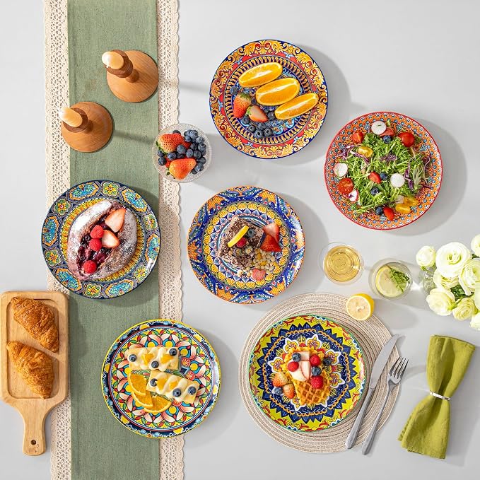 vancasso Colorful Dessert Plates Set of 6, 8.5 Inch Ceramic Salad Plates | Boho Small Dinner Plates, Bohemian Printed Kitchen Plate for Breakfast, Microwave & Dishwasher Safe Dishes, Series KRVI