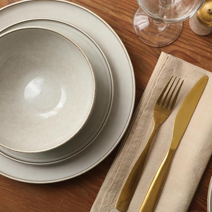 Gibson Elite White Sands Plates and Bowls Sets, 12-Piece Stoneware Dinnerware Sets, Reactive Glaze Dish Set - Moonstone White