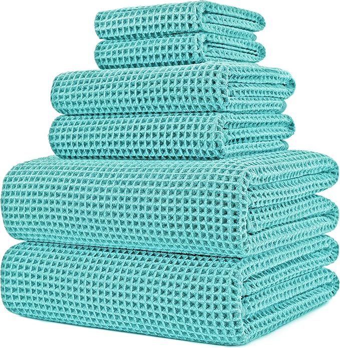POLYTE 430 GSM Poly Blend Microfiber Quick Dry Waffle Bath Towel Set of 6 | 2-Body Towels, 2-Hand Towels, 2-Wash cloths, Oversize, Lint Free