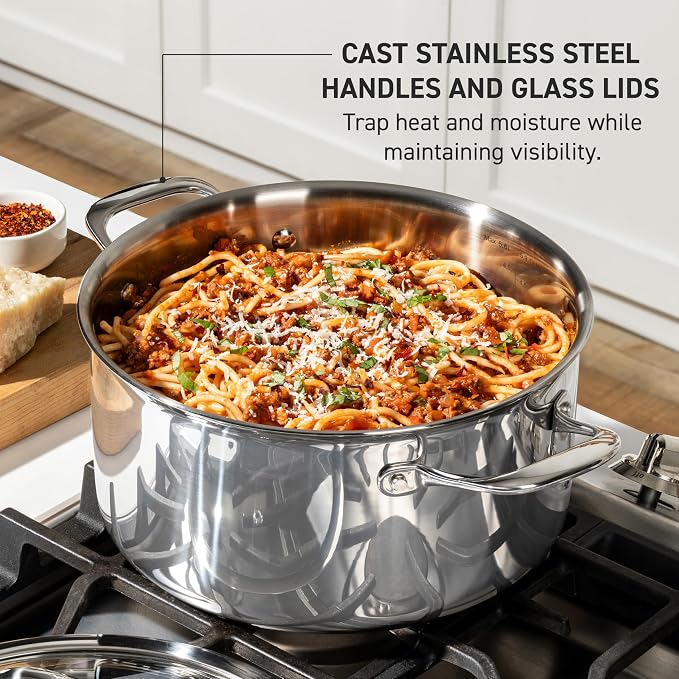 T-Fal Pro Tri-Ply Stainless Steel 6 qt Dutch Oven Pot with Lid, Induction | NSF professional grade, Glass lid traps moisture, Oven safe to 500 F, Braising and stewing use, Built-in measuring marks