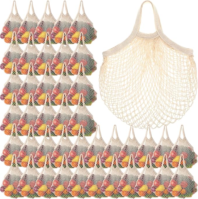Paterr 50 Pack Cotton Mesh Produce Bags Bulk,Short Handle,Beige | Reusable Mesh Grocery Bags Bulk, Washable Net Market Tote String Shopping Bags, for Vegetable Fruit Beach Picnic Food Storage
