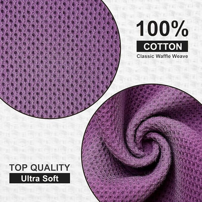 Kitinjoy 100% Cotton Waffle 8-Pack Kitchen Towels, 12" x 12", Violet | Ultra Absorbent, Super Soft, lightweight, Quick Drying Dish Rags for Washing Dishes