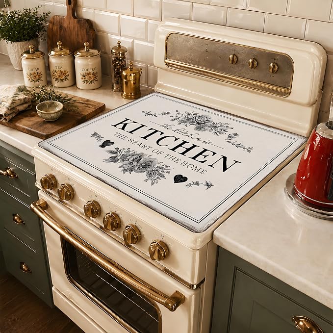 Floral Stove Top Cover Mat, Farmhouse Decor, 28.5 x 20.5In(Gray wood planks)