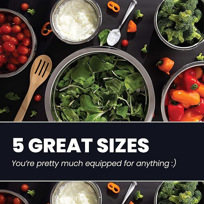 WHYSKO Stainless Steel Mixing Bowls Set, 5-Piece Meal Prep & Food Storage | .75, 1.5, 3, 4 & 5 Quart Metal Mixing Bowls Set for Prep, Serving, Baking & Food Storage, Ecofriendly, Dishwasher Safe, Black