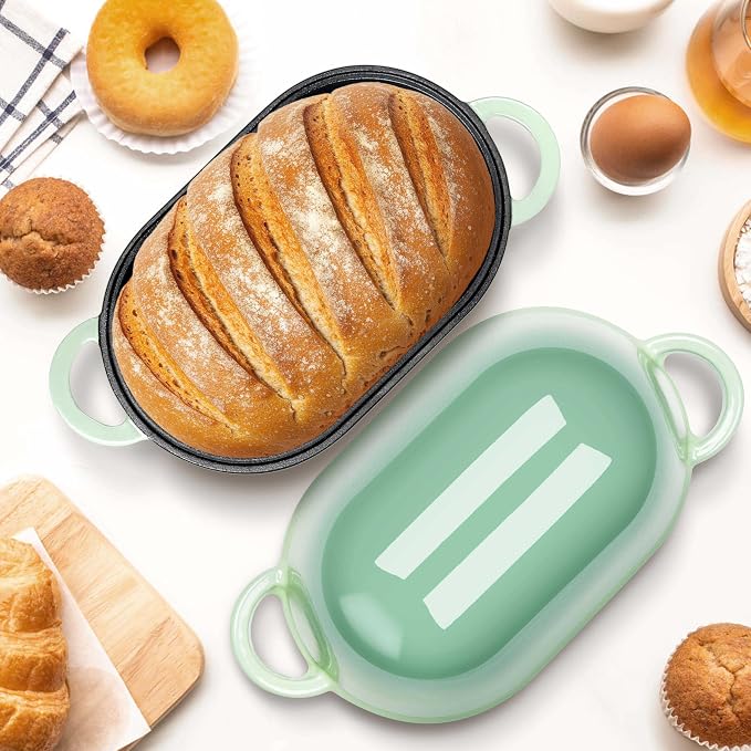 Homikit Enameled Cast Iron Dutch Oven for Bread Baking, 2.8 QT Oval Bread Oven Pot with Lid, 9.5 x 5.7 Inch Sourdough Loaf Baking Pan for Homemade Bread, Heavy Duty & Oven Safe, Pistachio Green