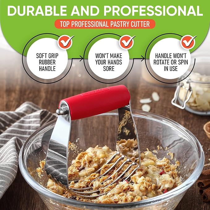 Spring Chef Medium Dough Blender Hand Tool - Durable Pastry Cutter - Red | Heavy Duty Dough Mixer w/ Stainless Steel Blades, Professional Pastry Blender for Easy Mixing, Dishwasher Safe