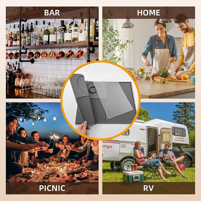ZJWZLG 22"x12" Trifold Bar Mat with Cutting Board — 3-Zone Bartender Station, Extra Large Silicone Cocktail Mat, Folding Drink Prep Mat for Home Bar, Portable Bartending Accessories, Wipe-Clean(Grey)
