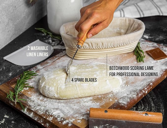 KooK Dutch Oven with Lid, Enameled Cast Iron Bread Baker, Dual Handles, 3.4 Qt, Oval, Includes Banneton Proofing Basket with Liner, Artisan Sourdough Bread Baking Set
