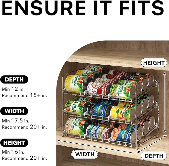 Simple Houseware 3-Tier Stackable Can Organizer Rack Hold 36 Cans, Chrome | Can Food Storage Dispenser for Pantry/Cabinet, Adjustable Dividers – 11.5" D x 17" W x 13.75" H
