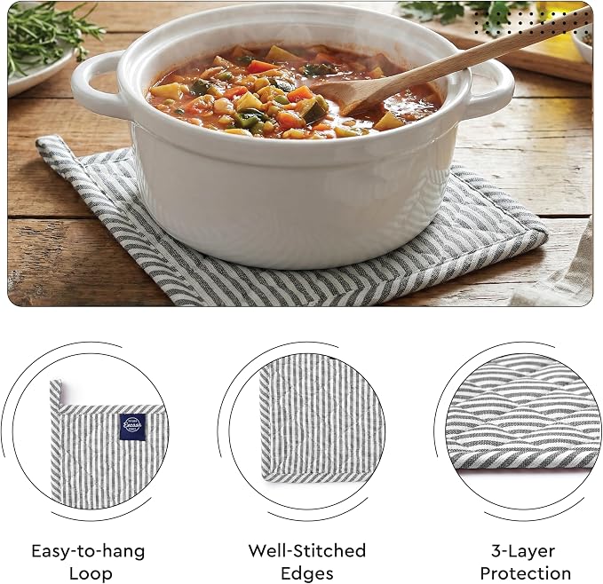 Encasa XO Oven Mitts and Pot Holders Set, Heat Resistant Cotton | Ticking Black, Diamond Quilted | Non-Slip Grip | Microwave & Oven Safe | Hanging Loop | Machine Washable | Set of 2