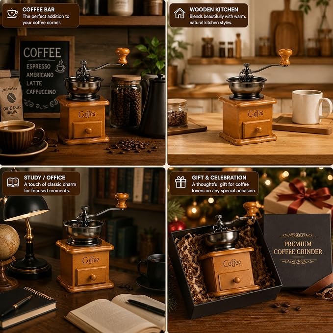 Vintage Wooden Manual Coffee Grinder, Hand Crank Coffee Mill with Ceramic Burr, Adjustable Grind Settings, Retro Coffee Bean Grinder for Home Use, Kitchen Decor, Gift for Coffee Lovers