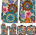 Jingmore 6 Pcs Kitchen Decor Set Accessory Farmhouse Kitchen Towels Pot Holders Oven Mitts Set 2 Dish Towels 2 Pot Holders 2 Cooking Mittens Oven Glove for Cooking(Colorful,Boho Floral)