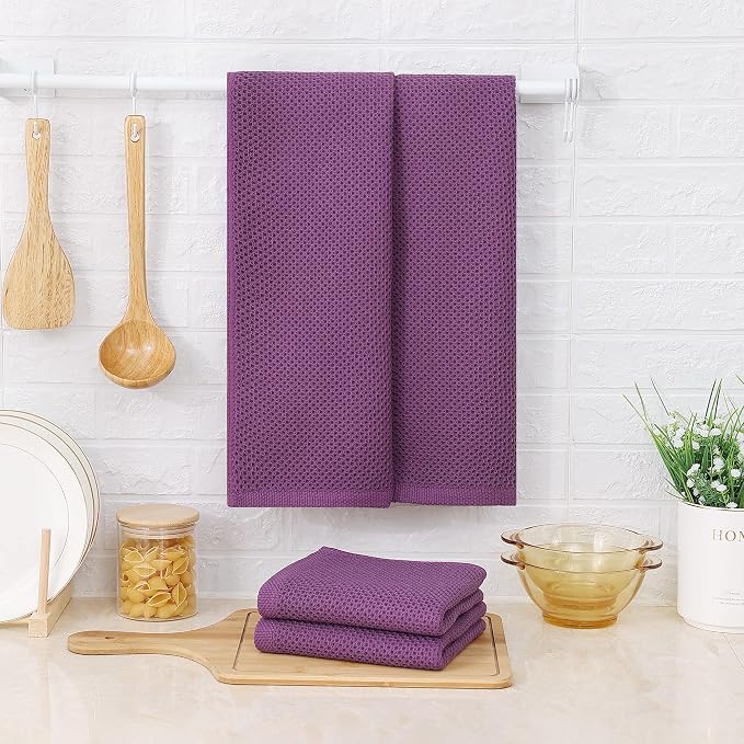 Kitinjoy 100% Cotton Waffle 4-Pack Kitchen Towels, 13" x 28", Violet | Super Soft, Ultra-Absorbent, Fast Drying, lightweight, Quick Drying Kitchen Hand Towels