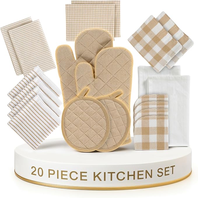 LANE LINEN 20 Piece Kitchen Linen Set - Soft Absorbent Cotton Dish Towels, Reusable Terry Dish Cloths, Flour Sack Towels for Baking, Quilted Oven Mitts & Pot Holders for Everyday Cooking - Beige
