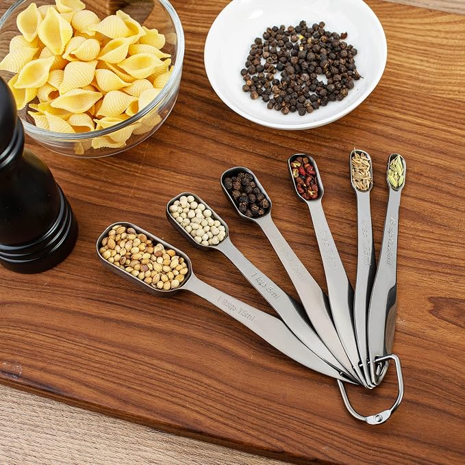 6-Piece 18/8 Stainless Steel Measuring Spoons Set, Dark Gray | Six Engraved US and Metric Sizes From 1/8 TSP to 1 Tbsp Fit Narrow Spice Jars and Stay Together On an O-shaped Ring