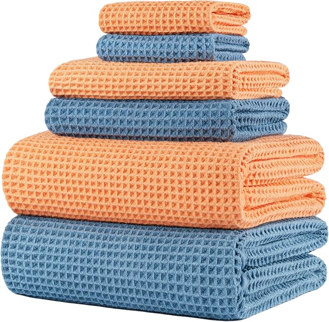 POLYTE 430 GSM Poly Blend Microfiber Quick Dry Waffle Bath Towel Set of 6 | 2-Body Towels, 2-Hand Towels, 2-Wash cloths, Oversize, Lint Free
