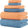 POLYTE 430 GSM Poly Blend Microfiber Quick Dry Waffle Bath Towel Set of 6 | 2-Body Towels, 2-Hand Towels, 2-Wash cloths, Oversize, Lint Free