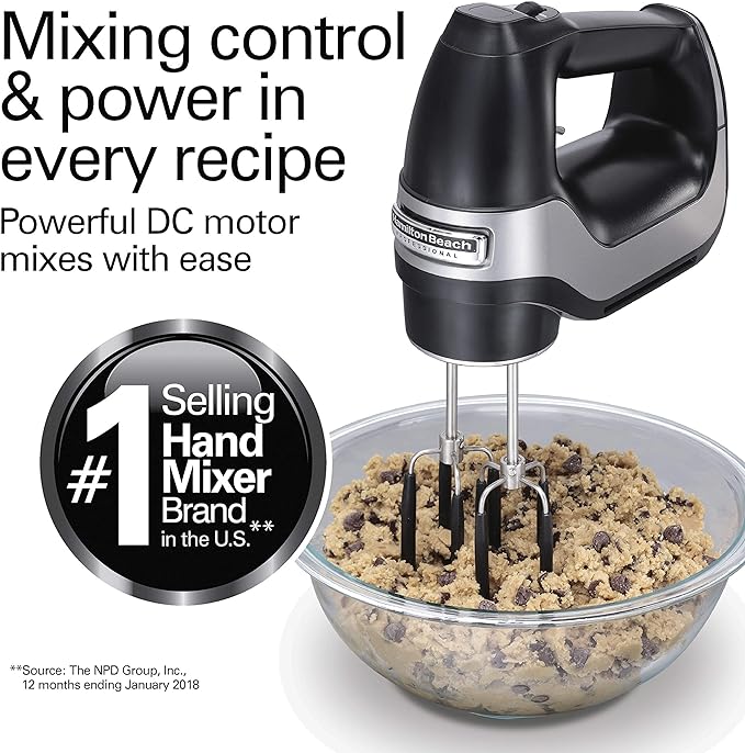 Hamilton Beach Professional 7-Speed Digital Electric Hand Mixer | High-Performance DC Motor | Slow Start | Snap-On Storage Case | SoftScrape Beaters, Whisk, Dough Hooks | Matte Black
