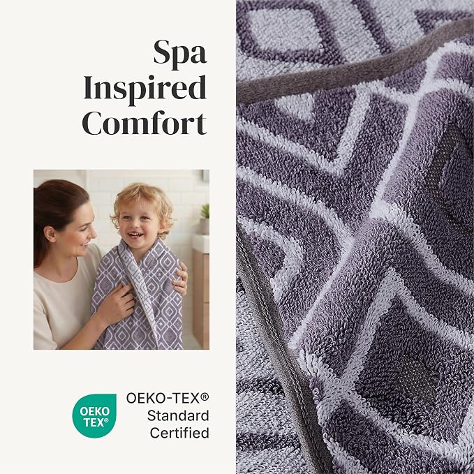 Modern Threads 6 Piece Bath Towel Set – Bathroom Set with 2 Bath Towels, 2 Hand Towels, and 2 Wash Cloths – 100% Cotton, Super Absorbent & Extra Soft – Reversible Classic Diamond (Purple)