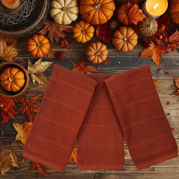 Cinnamon Maroon Rust Kitchen Dish Towels, Set of 3, 100% Cotton, 18" x 28" | Terry Loop Textured, Soft & Absorbent Cleaning Cloth, Quick Dry, Multipurpose for Everyday Use
