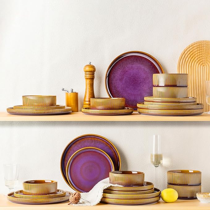Ceramic Dinnerware Set for 6, 18-Piece Plates and Bowls Set | Lightweight Porcelain Dish Set, Scratch Resistant, Oven & Microwave & Dishwasher Safe, Amber Amethyst