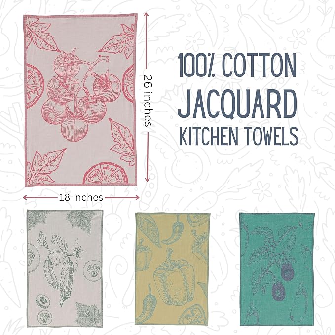 Dish Towels for Kitchen, Jacquard Tea Towel Set, Stylish and Functional, A Great Gift for Any Home, 100% Turkish Cotton Towel Set of 4 (Garden Vegetables)