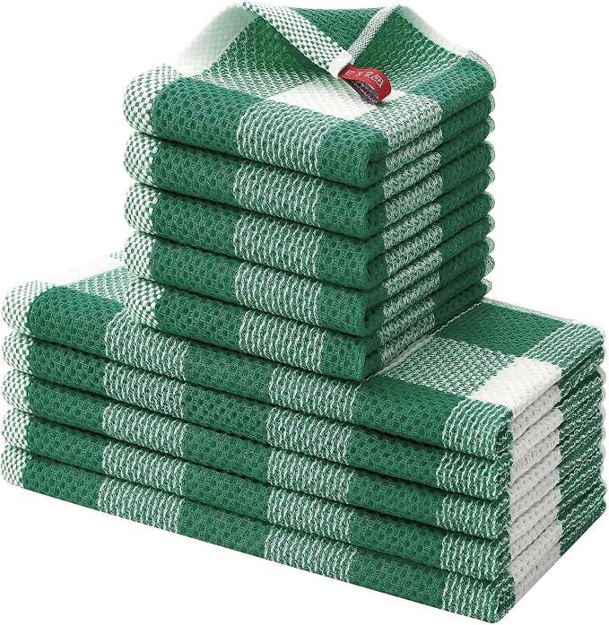 Homaxy Kitchen Towels and Dishcloths Set, Set of 10, White & Dark Green | Bulk Cotton Waffle Weave Check Plaid Kitchen Towels, Super Soft and Absorbent Dish Cloths, 12 x 12 and 13 x 28 Inches
