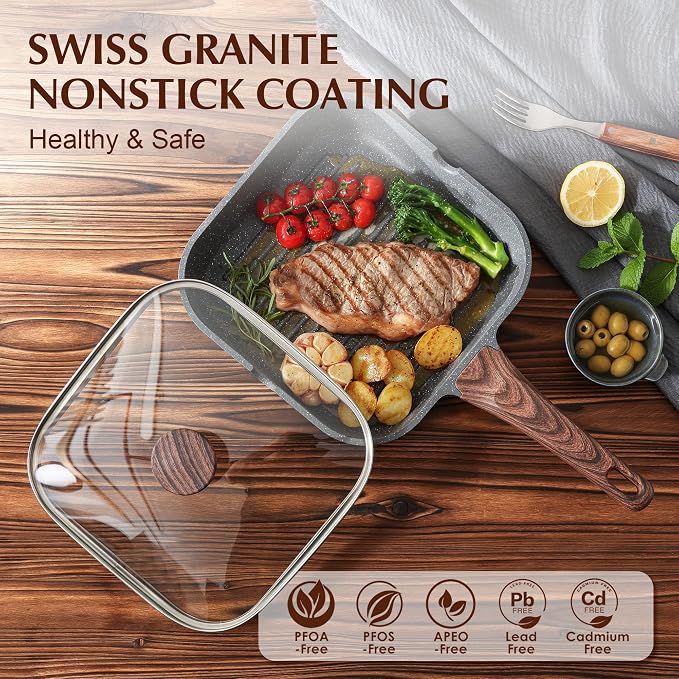 SENSARTE Nonstick Grill Pan with Lid, Grill Pan for Stove Tops, Versatile Griddle Pan with Pour Spouts, Square Grill Pan for Big Cooking Surface, Grill Skillet for Indoor Outdoor Grilling. PFOA Free