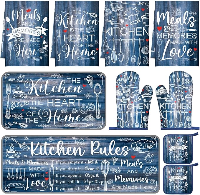 Fourluoo 10 Pcs Blue Kitchen Decor and Accessories Oven Mitts and Pot Holders Sets Farmhouse Dish Towels Blue and Gray Kitchen Rugs Mats for Home Baking Cooking Birthday Summer Decorations Women Gifts