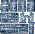Fourluoo 10 Pcs Blue Kitchen Decor and Accessories Oven Mitts and Pot Holders Sets Farmhouse Dish Towels Blue and Gray Kitchen Rugs Mats for Home Baking Cooking Birthday Summer Decorations Women Gifts