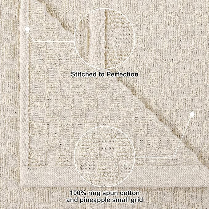 Homaxy 100% Cotton Terry Kitchen Towels(15" x 25", 12 Pack), Beige | Soft and Super Absorbent Dish Towels, 380 GSM Reusable Tea Towel with Hanging Loop, Pineapple Grid Designed