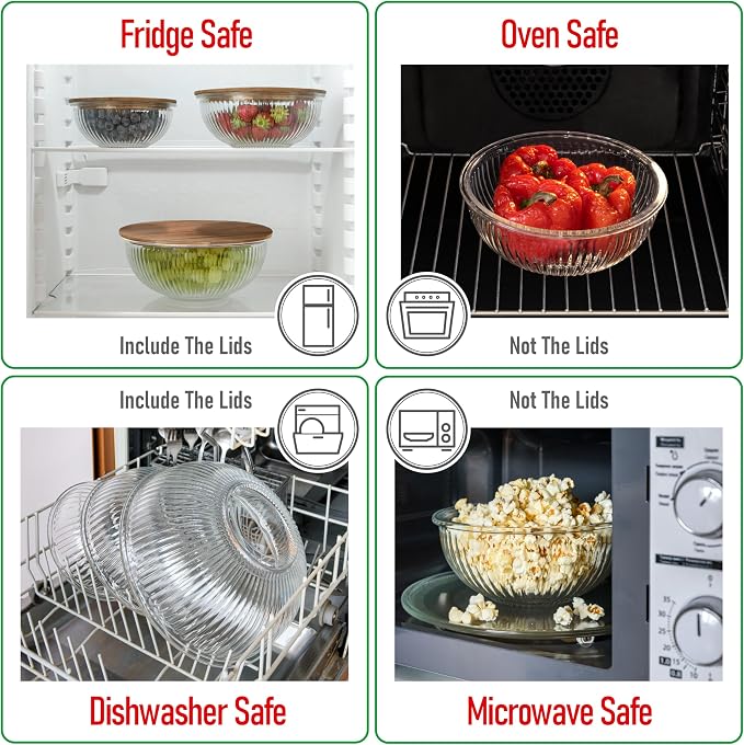 Set of 3 Stackable Space-Saving Nesting Glass Salad Bowls with Acacia Lids for Foodprep, Storage, Baking, Mixing & Cooking - Microwave Safe Durable Inert Borosilicate Glass